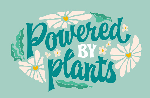 Powered by plants, groovy-style lettering  with a vibrant, nature-inspired design, encapsulated within an oval layout. Vector typography template. Ideal for prints, stickers, fashion, and more