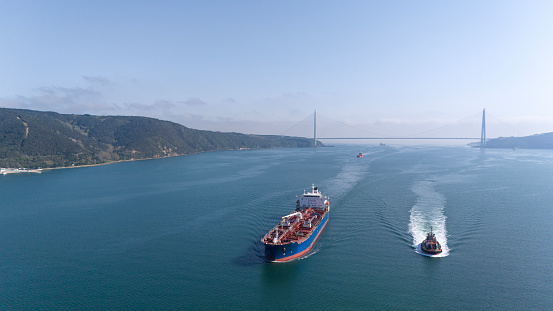 Aerial view of chemical tanker. Aerial view of tanker ship logistic and transportation business oil and gas industry in Istanbul Bosphorus.