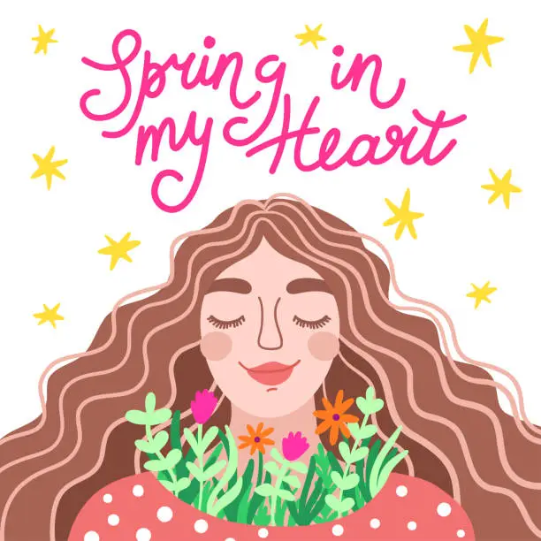 Vector illustration of A postcard with lettering Spring in my heart. A girl with a bouquet of flowers