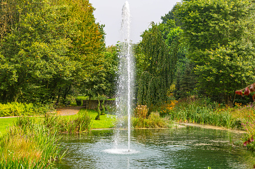 Dutch public park with a pond with working fountain, pedestrian path, surrounded by lush trees with green foliage, calm sunny summer day in South Limburg, Netherlands