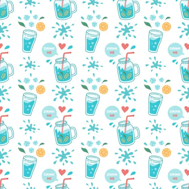 Vector illustration of Drink more water concept, drinking water in glass, jug. Zero waste concept. World water day seamless pattern