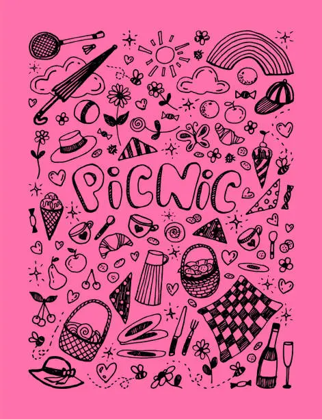 Vector illustration of Picnic linear vector illustration on pink background