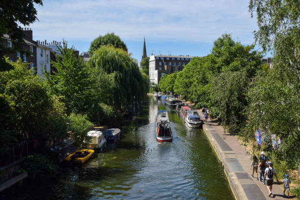 London, UK - July 16 2022: Barges on Regent's Canal in Primrose Hill