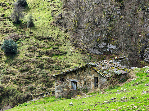 Typical hut and a meadow in Redes Natural park, Asturias, Spain