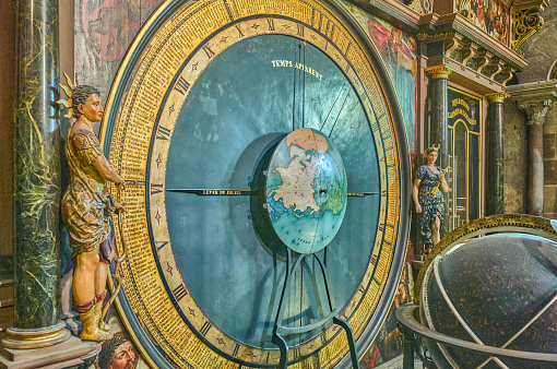 Strasbourg, France- September 22, 2022:  Detail of the Astronomical clock inside the gotic Cathedrak of Our Lady