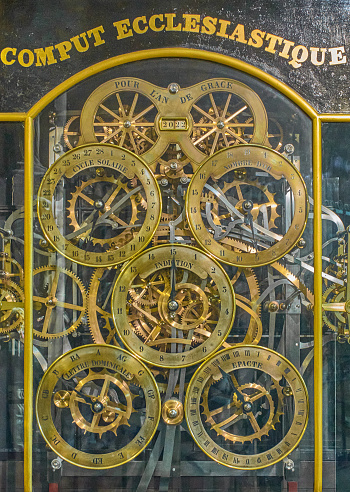 Strasbourg, France- September 22, 2022:  Detail of the Astronomical clock inside the gotic Cathedrak of Our Lady