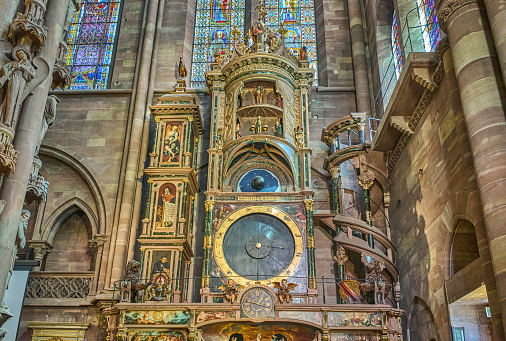 Strasbourg, France- September 22, 2022:  The Astronomical clock inside the gotic Cathedrak of Our Lady