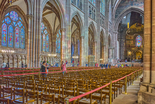 Strasbourg, France- September 22, 2022: The nave of  the gotic Cathedrak of Our Lady