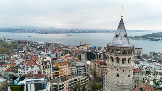 Aerial view of Galata Tower and Bosphorus in Istanbul, Turkey.