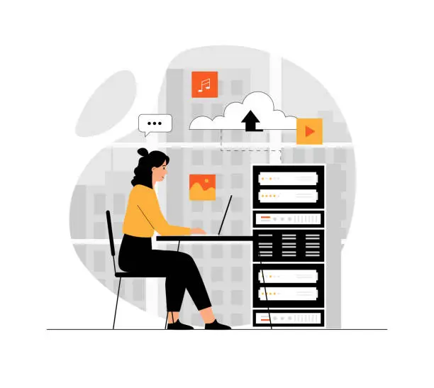 Vector illustration of Cloud computing, online database, web hosting. Woman using laptop upload and download information on cloud storage. Illustration with people scene in flat design for website and mobile development.