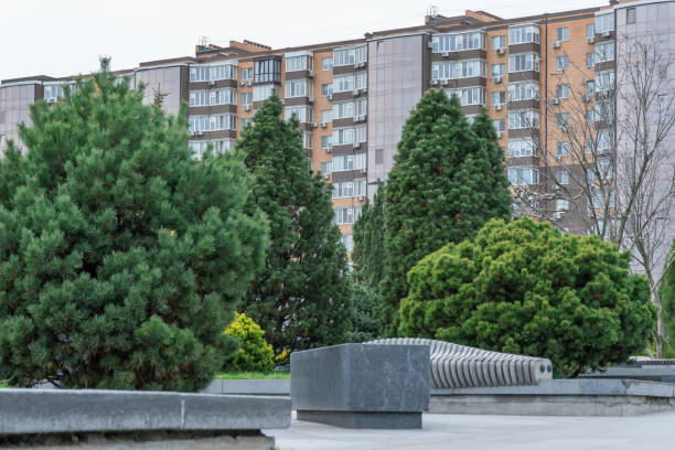 Nice modern leisure city park with benchs surrounded high-rise building. Public park in town residential. Sidewalk and walkway with conifer trees. Place to rest in city landscape. Urban architecture.