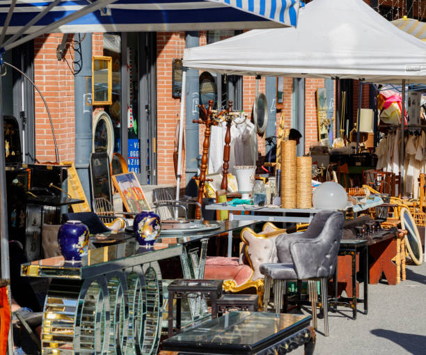 Turin, Italy - April 14, 2024: Used objects on display at the Balon. The Balon (pronounced Baloon) is Turin's most important flea market, held on Saturday mornings and the second Sunday of each month.