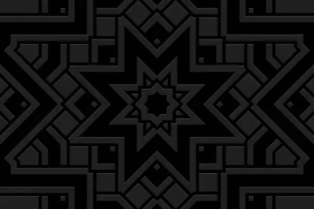 Vector illustration of Embossed black background, ethnic cover design. Geometric elegant 3D pattern. Tribal handmade style, doodling, art deco. Ornamental boho exoticism of the East, Asia, India, Mexico, Aztec.