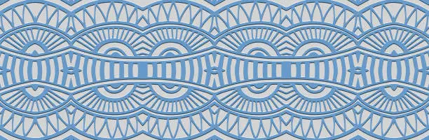 Vector illustration of Banner. Relief geometric artistic blue 3D pattern on a white background. Ornamental cover design, handmade, abstract zentangle. Boho exoticism of the East, Asia, India, Mexico, Aztec.