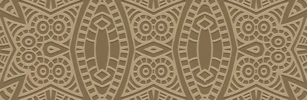 Vector illustration of Banner. Relief geometric creative 3D pattern on a beige background. Ornamental cover design, handmade, abstract zentangle. Boho exoticism of the East, Asia, India, Mexico, Aztec.