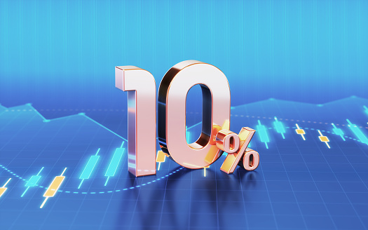 3d render 10 Percent Symbol sitting on Business and Financial and Technical Data Chart (Depth of field)