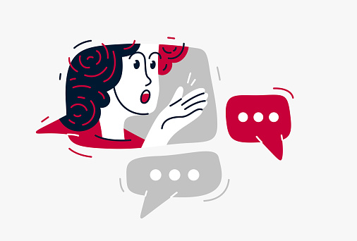 Young person talking online from a speech bubble, vector illustration of a conversation with accent on one-person trainer or mentor, online dialog, video speaker, social media commentator.
