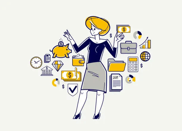 Vector illustration of Busy business person working on some commercial project vector outline illustration, woman entrepreneur analyzing financial data, manager company leader.