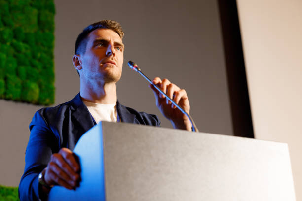 istock Caucasian man is speaking on the seminar 2148615388