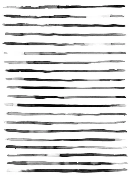 Vector illustration of Set of a few narrow black lines isolated on white paper background hand painted by black ink - abstract vector illustration - unique horizontal uneven imperfect geometric objects with textured effect - minimalistic pattern design