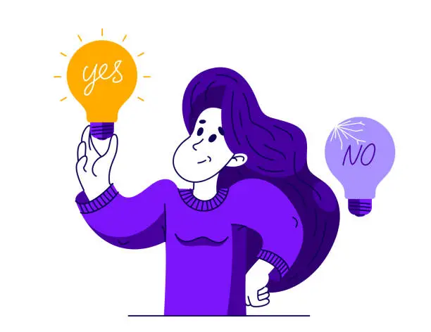 Vector illustration of Young woman having a lot of ideas and choosing best one to solve some problem, vector illustration of a young person who is choosing between different ideas which one is working.