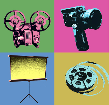 Posterised or Pop Art styled Cine Equipment Cinema Club or Film Society. Retro Style, old-fashioned,