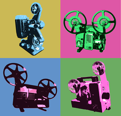 Posterised or Pop Art styled Cine Equipment Cinema Club or Film Society. Retro Style, old-fashioned,