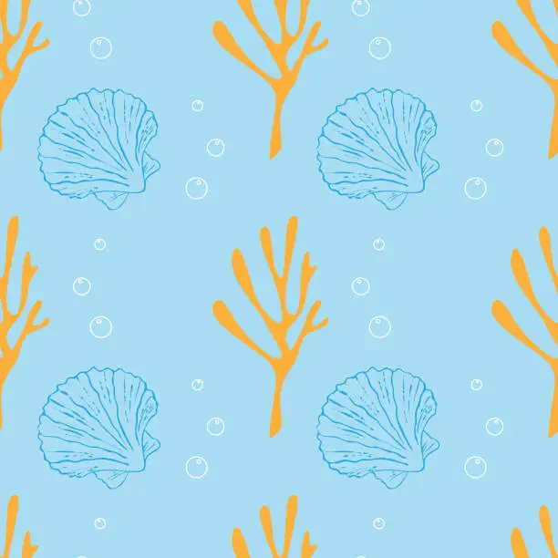 Vector illustration of Marine ocean pattern with orange corals and air bubbles, blue contour seashells on pastel blue background.