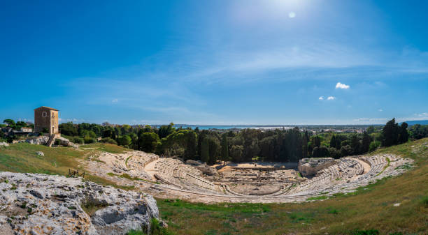 istock Syracusan ancient theater in panoramic mode, under a bright blue sky 2148616224