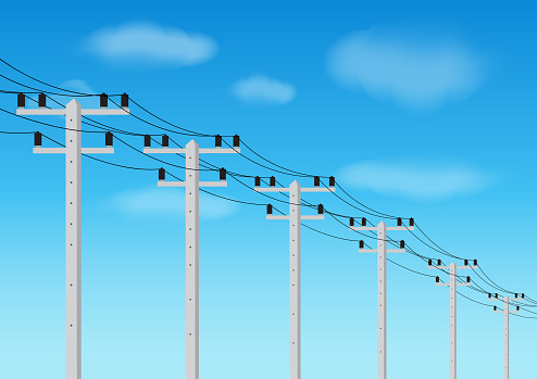 Electric pole against blue sky. Electric pylons. Electric Power Transmission. High Voltage Pylon. Vector Illustration.