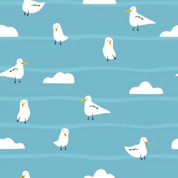 Vector illustration of Funny seagull and white cloudy. Semless marine pattern