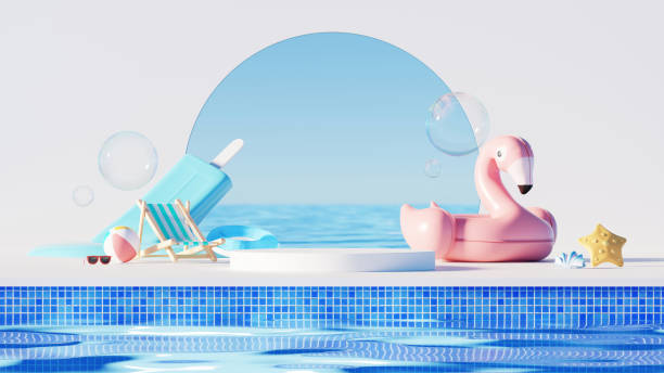 istock 3D render, minimal Summer background with empty podium or pedestal platform for showing product, cosmetic scene for mock up, beach swim elements decoration. 2148618725