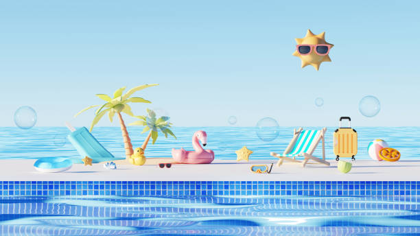 istock 3D render, minimal Summer background with empty podium or pedestal platform for showing product, cosmetic scene for mock up, beach swim elements decoration. 2148618726