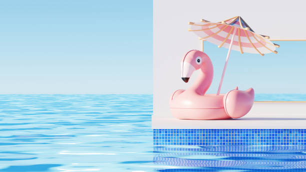 istock 3D render, minimal Summer background with empty podium or pedestal platform for showing product, cosmetic scene for mock up, beach swim elements decoration. 2148618727