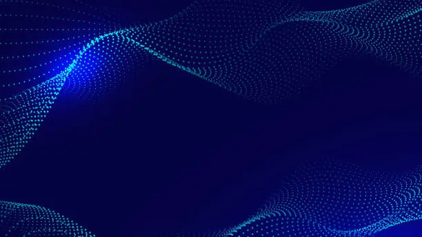 Vector illustration of Abstract blue glowing energy waves from dotted line particles with blur effect on dark background. Futuristic modern backdrop design for business, presentation, ads, banner, website, landing page, wallpaper screen and more