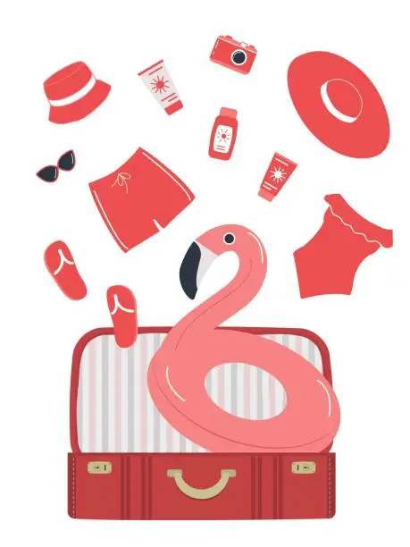 Vector illustration of Beach accessories falling into a red suitcase. Packing suitcase for summer vacation. Hello Summer