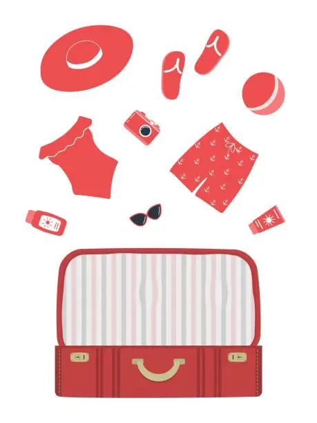 Vector illustration of Beach accessories falling into a red suitcase. Packing suitcase for summer vacation. Hello Summer