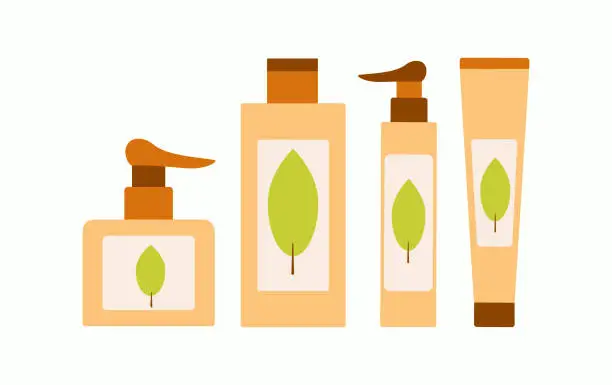 Vector illustration of Set of herbal cosmetics, skin care. Herbal cosmetics, cream, lotion. Ecological goods. Products with natural plant composition. Vector illustration.