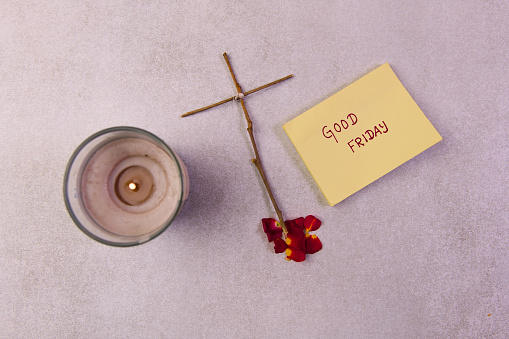 A symbolic display for Good Friday featuring yellow sticky notes forming the text 'Good Friday,'