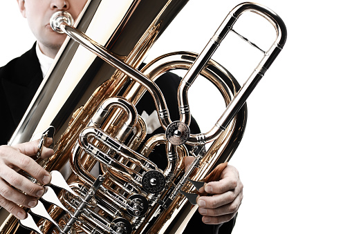 Tuba brass instrument. Wind bass music instrument. Orchestral tuba in F