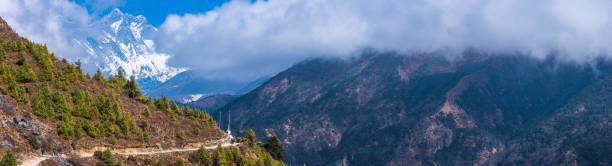 Lhotse (8516m) overlooking a Buddhist Stupa and Prayer Flags high in the Khumbu Himalayan mountain wilderness of the Sagarmatha National Park, Nepal.