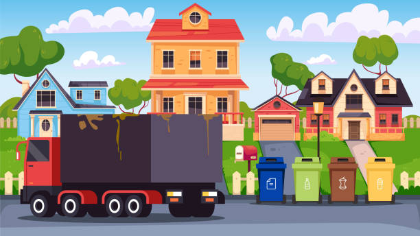 Car truck remove garbage from street concept. Vector flat graphic design illustration Car truck remove garbage from street concept. Vector flat graphic design sorter machine stock illustrations