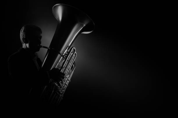 Tuba player brass instrument. Classical musician man playing euphonium in darkness on black background