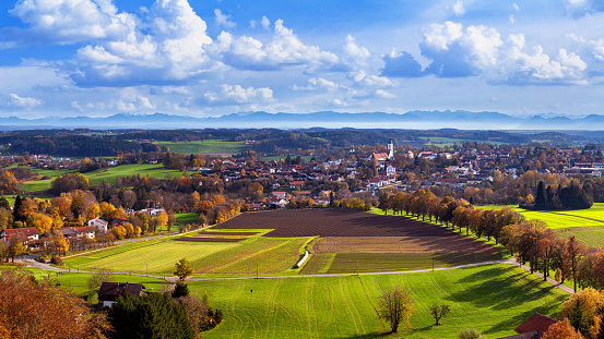 Autumn landscape - panorama of the town of Ebersberg and its surroundings from the observation tower above the Ebersberger Alm on the Ludwigshohe hill, Bavaria, Germany