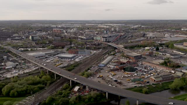 4K aerial footage of a train arriving at Doncaster train station