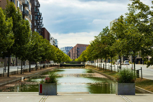 istock promenade with trees and river between building 2148623317