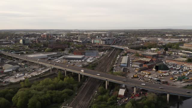 4K aerial footage of a train arriving at Doncaster train station