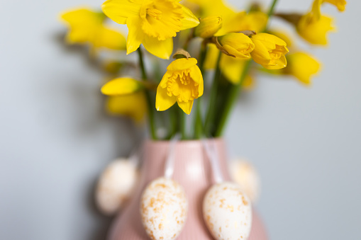 Easter Eggs, Daffodils, Pink Vase