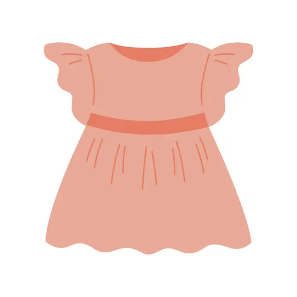 Vector illustration of Cute baby girl dress in pink color. Kids outfit in flat style. Baby clothing theme. Vector isolated illustration.