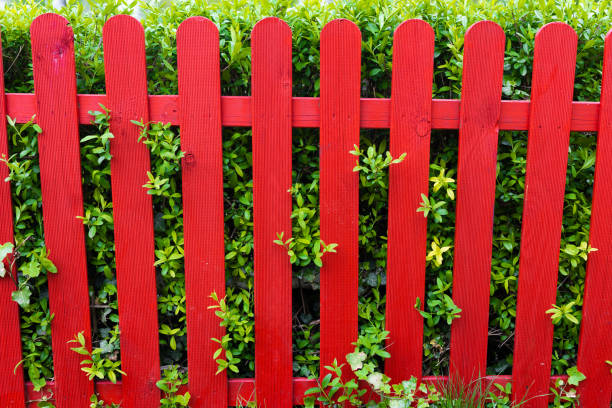 Red Wooden Fence on the Background of Plants